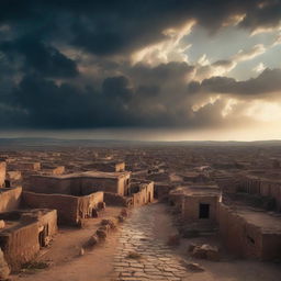 Epic cinematic shot of a primitive, ancient town under a vast, dramatic sky at twilight.