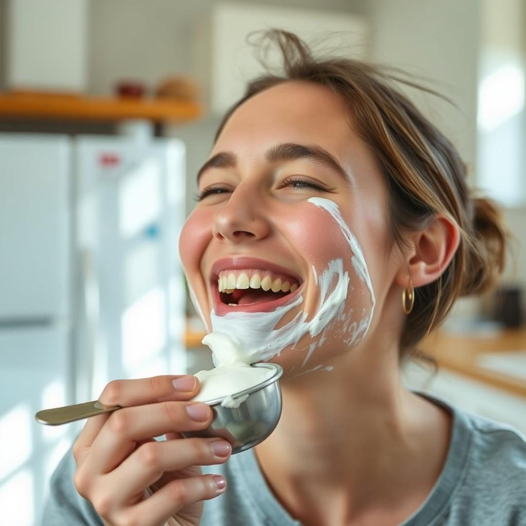 A person with yogurt smeared on their face, looking blissfully engaged in eating yogurt