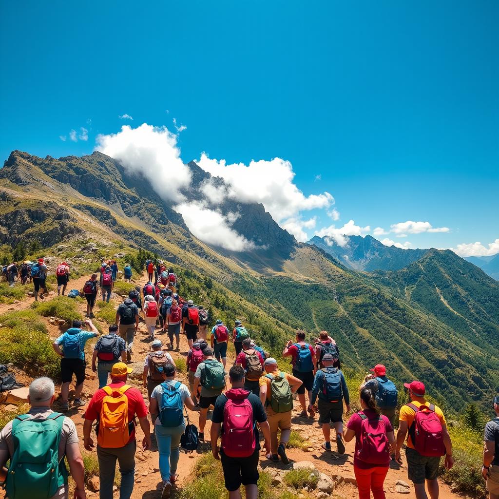 A vibrant scene of tourists enthusiastically climbing a majestic mountain, surrounded by stunning natural landscapes