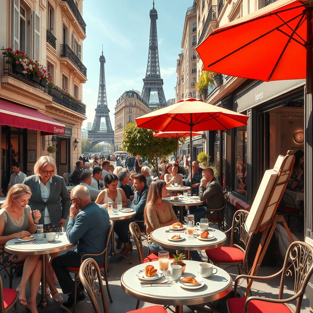 A charming Parisian café scene bustling with life, featuring outdoor seating with beautifully set tables under large, colorful umbrellas