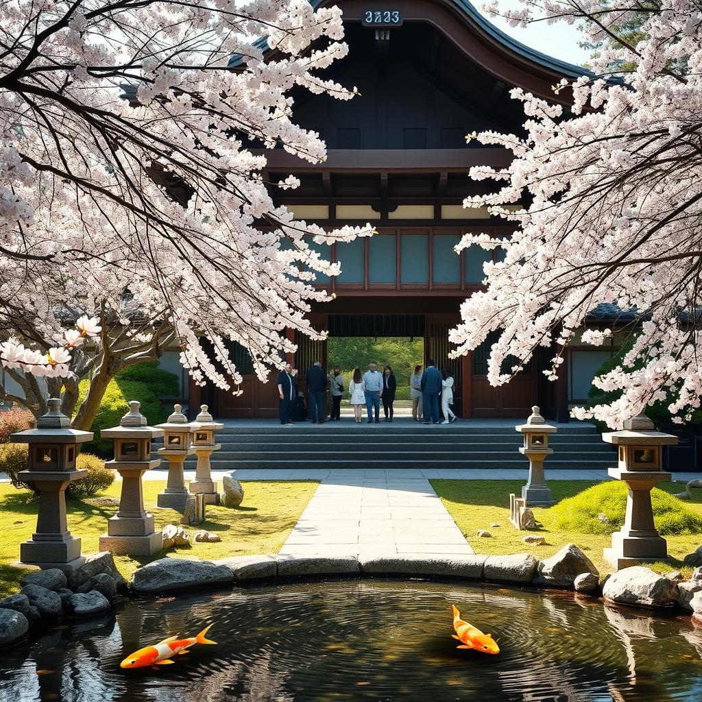 A serene Japanese temple surrounded by lush gardens and blooming cherry blossoms