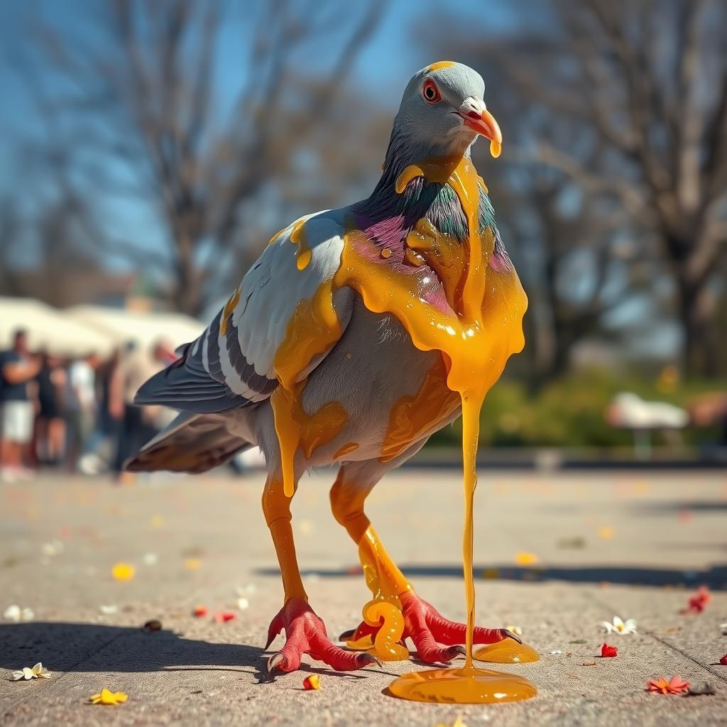 A whimsical and surreal image of a pigeon covered in golden, sticky honey, with long, exaggerated human legs that are muscular and ending in large, well-defined feet