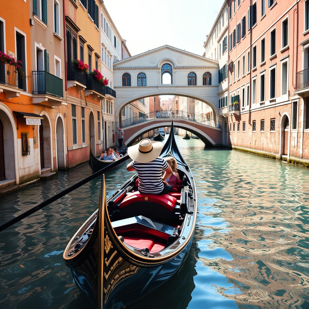 A picturesque scene of the famous canals of Venice, showcasing the iconic gondolas gliding smoothly through the water