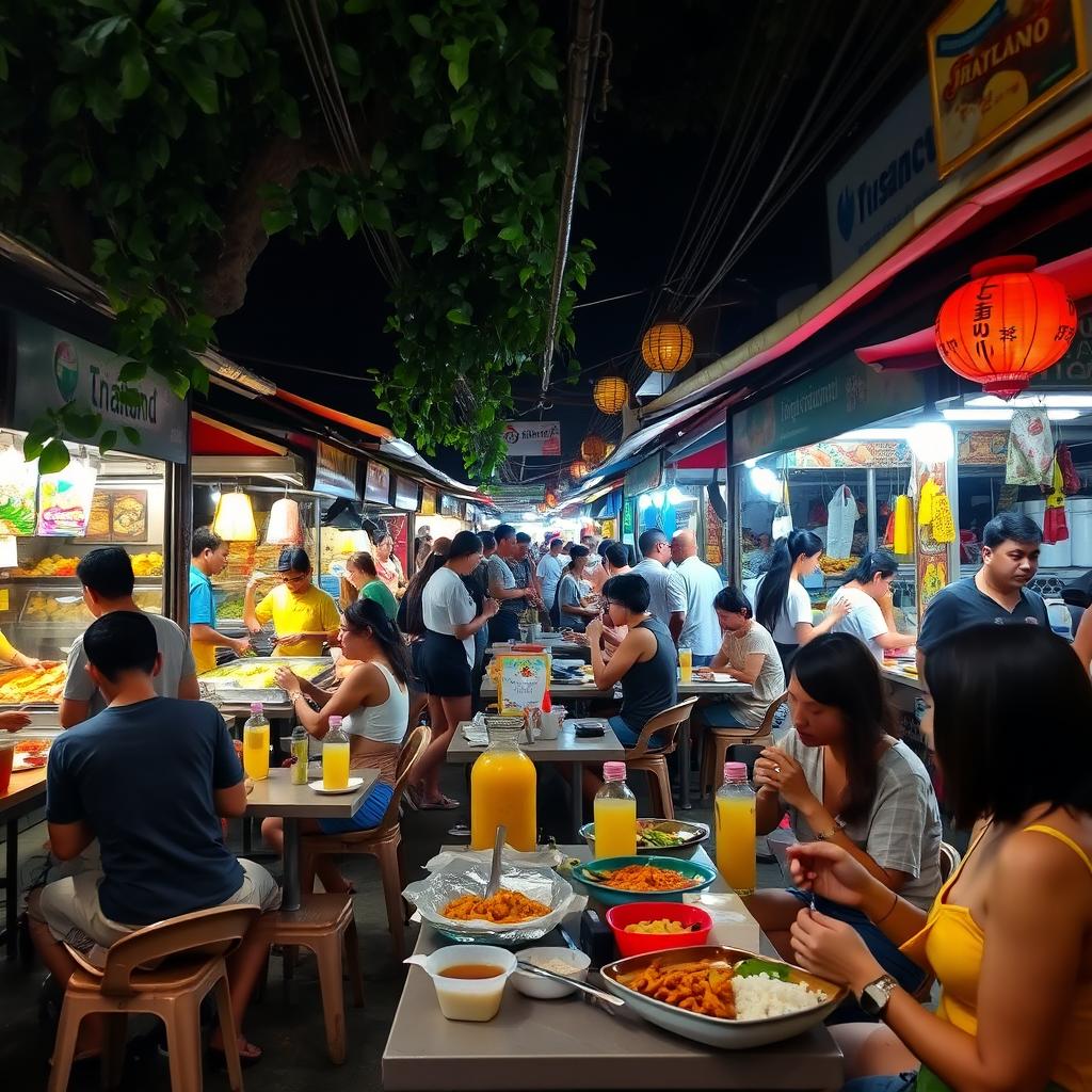 A vibrant street food scene in Thailand, showcasing a bustling night market filled with a variety of delicious food stalls