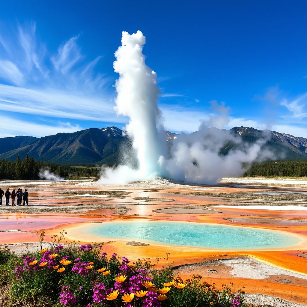 A stunning natural scene of a geyser erupting in a geothermal area, showcasing a powerful burst of steam and water shooting high into the air against a backdrop of rugged mountains and blue sky