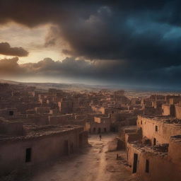 Epic cinematic shot of a primitive, ancient town under a vast, dramatic sky at twilight.