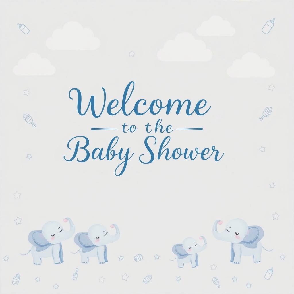 A charming welcome board for a baby shower themed around blue and elephants