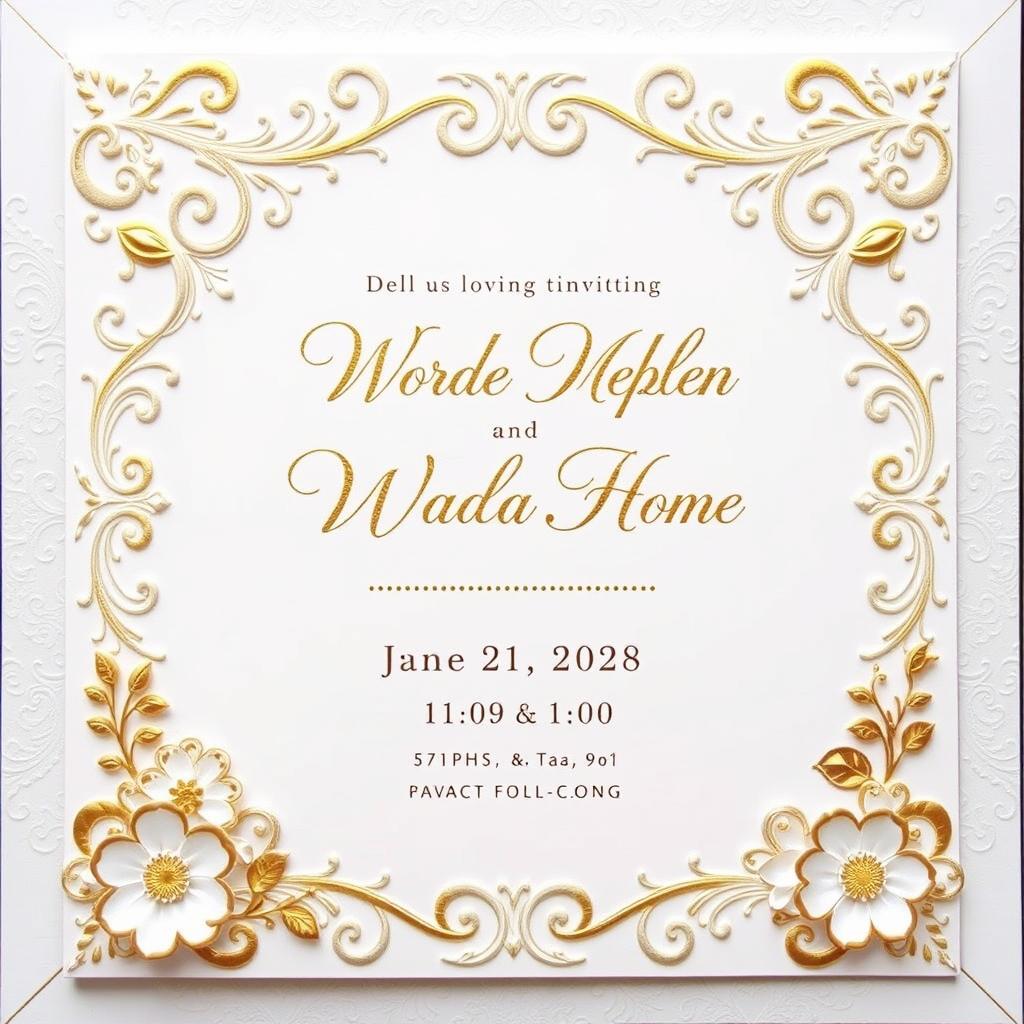 An elegant wedding invitation design featuring a beautiful white and gold color scheme
