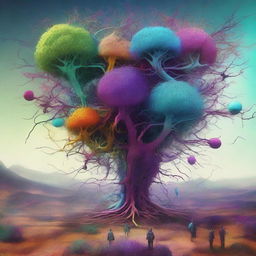 This is an exceptional digital art piece, presenting a surreal scene of neuron-headed magnet feeders