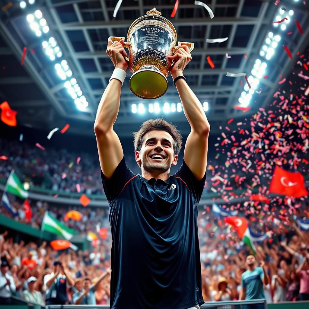 A triumphant tennis player celebrating their victory at the prestigious championship trophy, holding the trophy high above their head in excitement