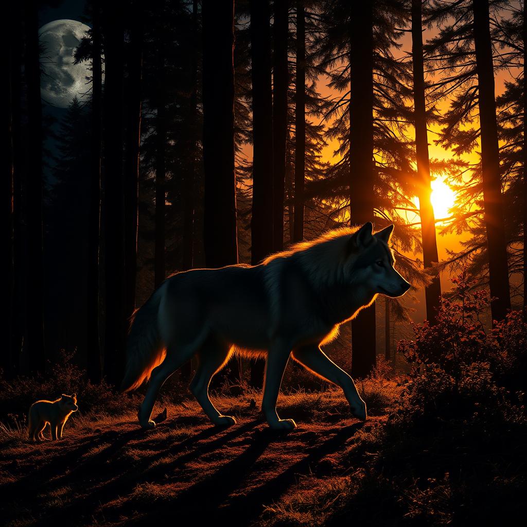 A majestic wolf in motion, gracefully walking among tall, dense trees