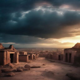 Epic cinematic shot of a primitive, ancient town under a vast, dramatic sky at twilight.