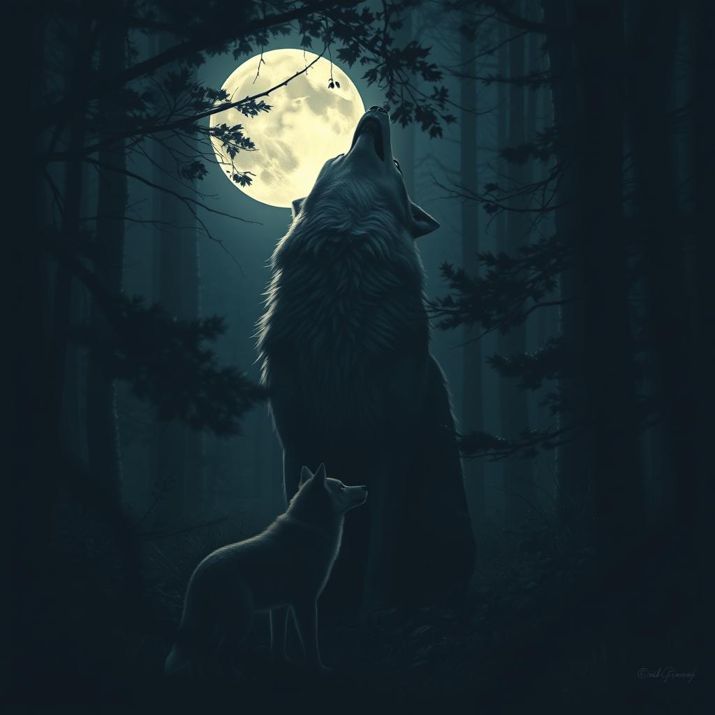 A majestic wolf howling at a full moon partially obscured by tree branches in a dark, shadowy forest