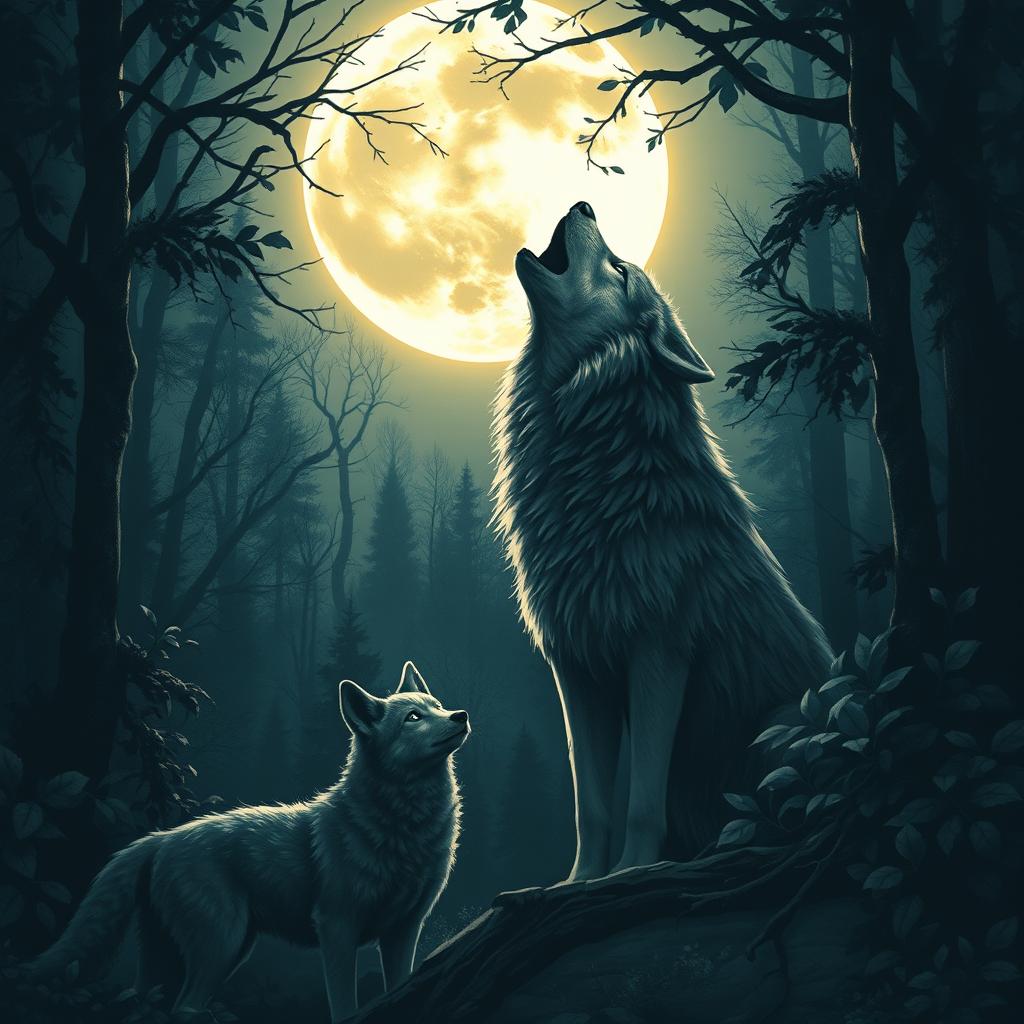 A majestic wolf howling in a dense forest, under a canopied moon surrounded by branches and shadows