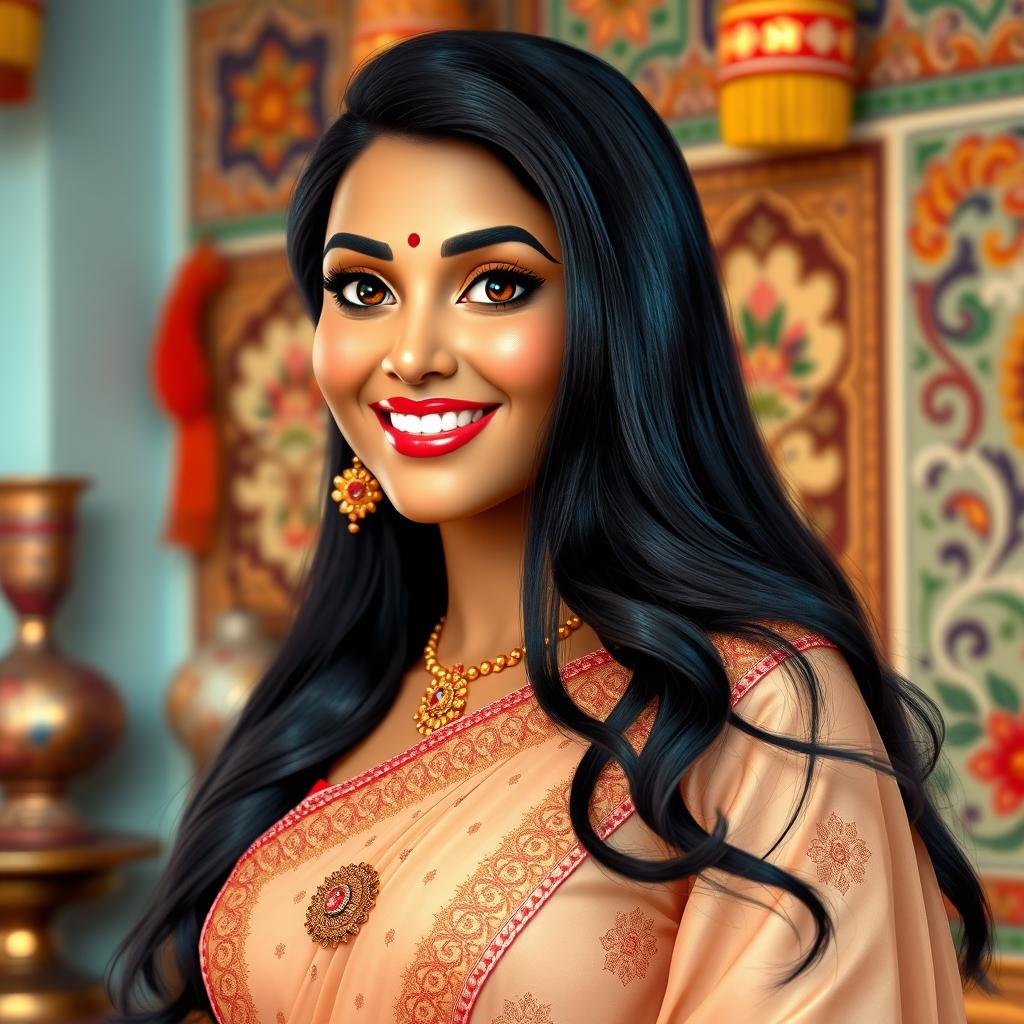 An attractive Indian woman, depicted as a plush size bhabhi, displaying confidence and charm, with long flowing black hair and an elegant traditional outfit