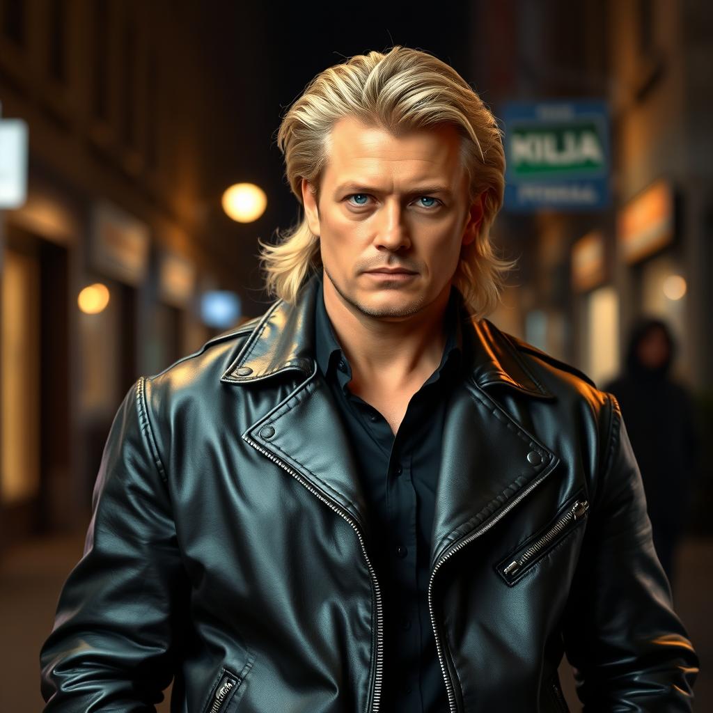 A confident man named Nikolajs Molotovskis, embodying a mafia boss aura