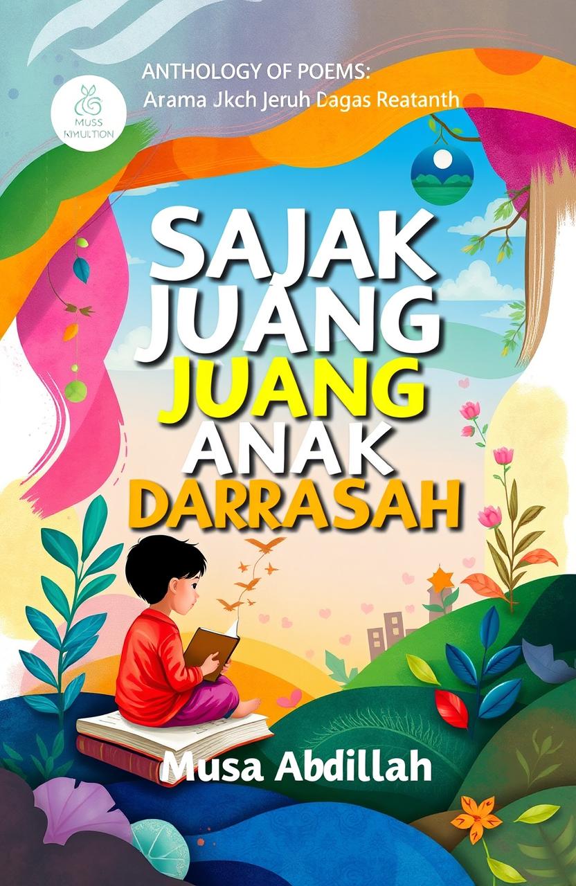 A vibrant and colorful cover design for an anthology of poems titled 'SAJAK JUANG ANAK MADRASAH' by Musa Abdillah