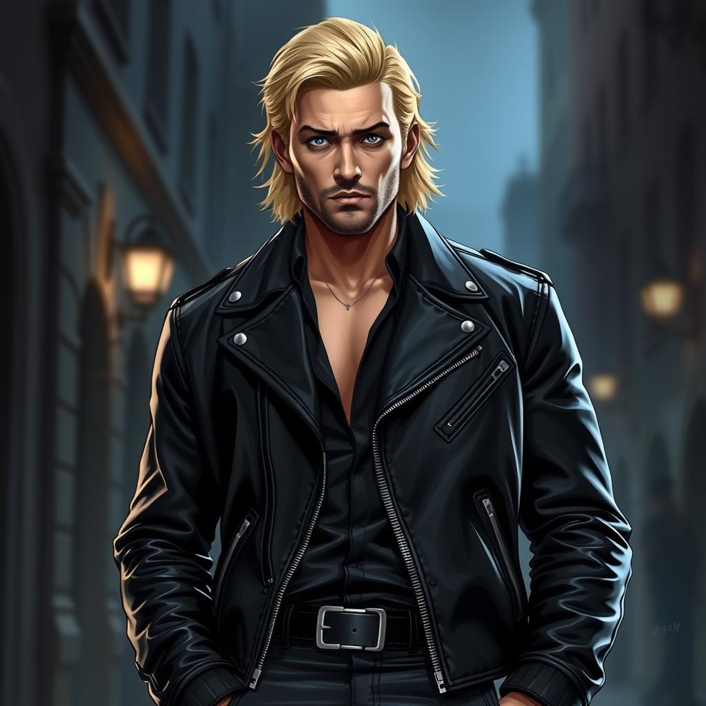 A male character named Nikolajs Molotovskis, depicted as a mafia boss wearing a stylish black leather jacket
