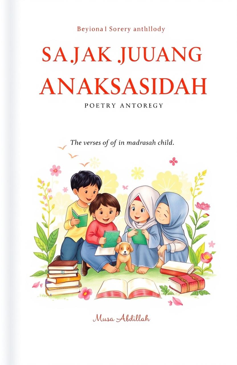 A bilingual poetry anthology titled 'SAJAK JUANG ANAK MADRASAH', featuring the verse of a madrasah child written by Musa Abdillah