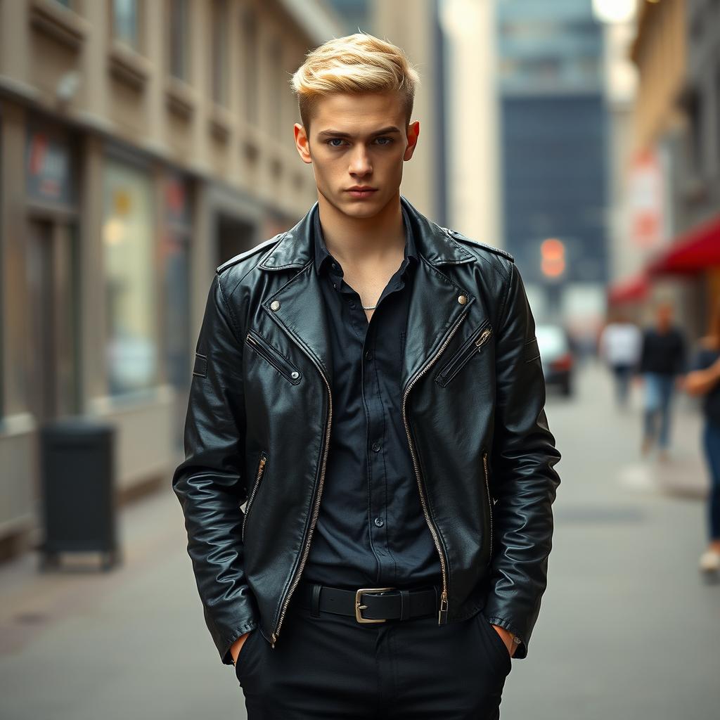 A tall Russian man named Nikolaj, 17 years old, standing confidently in an urban setting