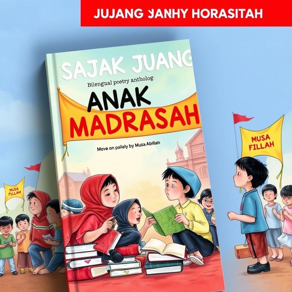 A bilingual poetry anthology titled 'SAJAK JUANG ANAK MADRASAH', featuring the verse of a madrasah child written by Musa Abdillah