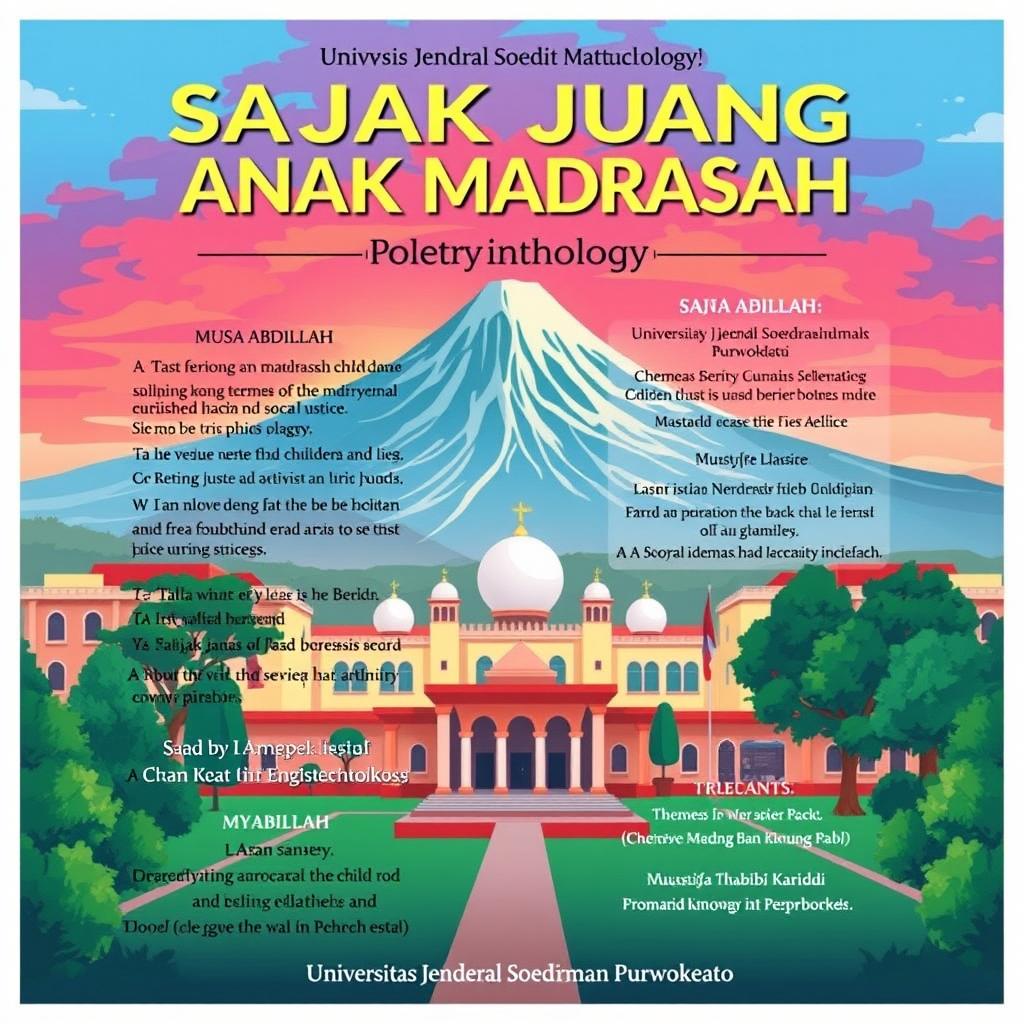 A bilingual poetry anthology titled 'SAJAK JUANG ANAK MADRASAH', featuring the verse of a madrasah child written by Musa Abdillah and translated by Mustasyfa Thabib Kariadi