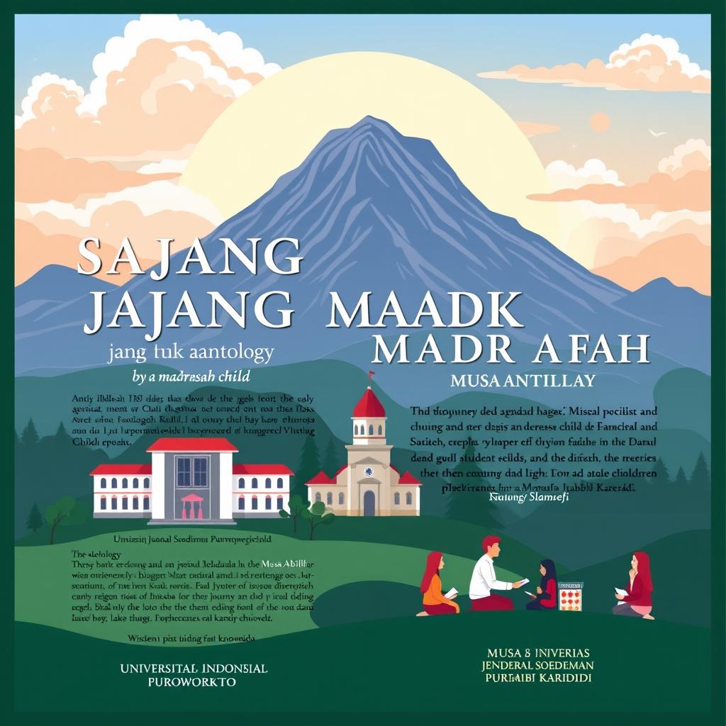 A bilingual poetry anthology titled 'SAJAK JUANG ANAK MADRASAH', showcasing the verse of a madrasah child written by Musa Abdillah and translated by Mustasyfa Thabib Kariadi
