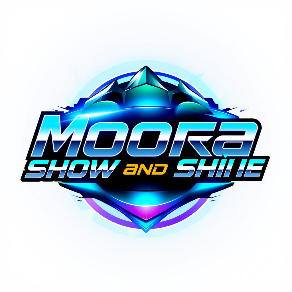 A vibrant and eye-catching futuristic logo for the 'Moora Show and Shine' event, featuring sleek, modern typography with a dynamic design