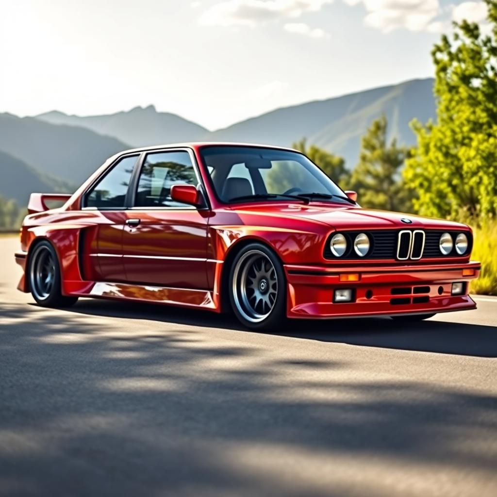 A stunning BMW E30 widebody, featuring a sleek and aggressive design with flared wheel arches and an imposing stance