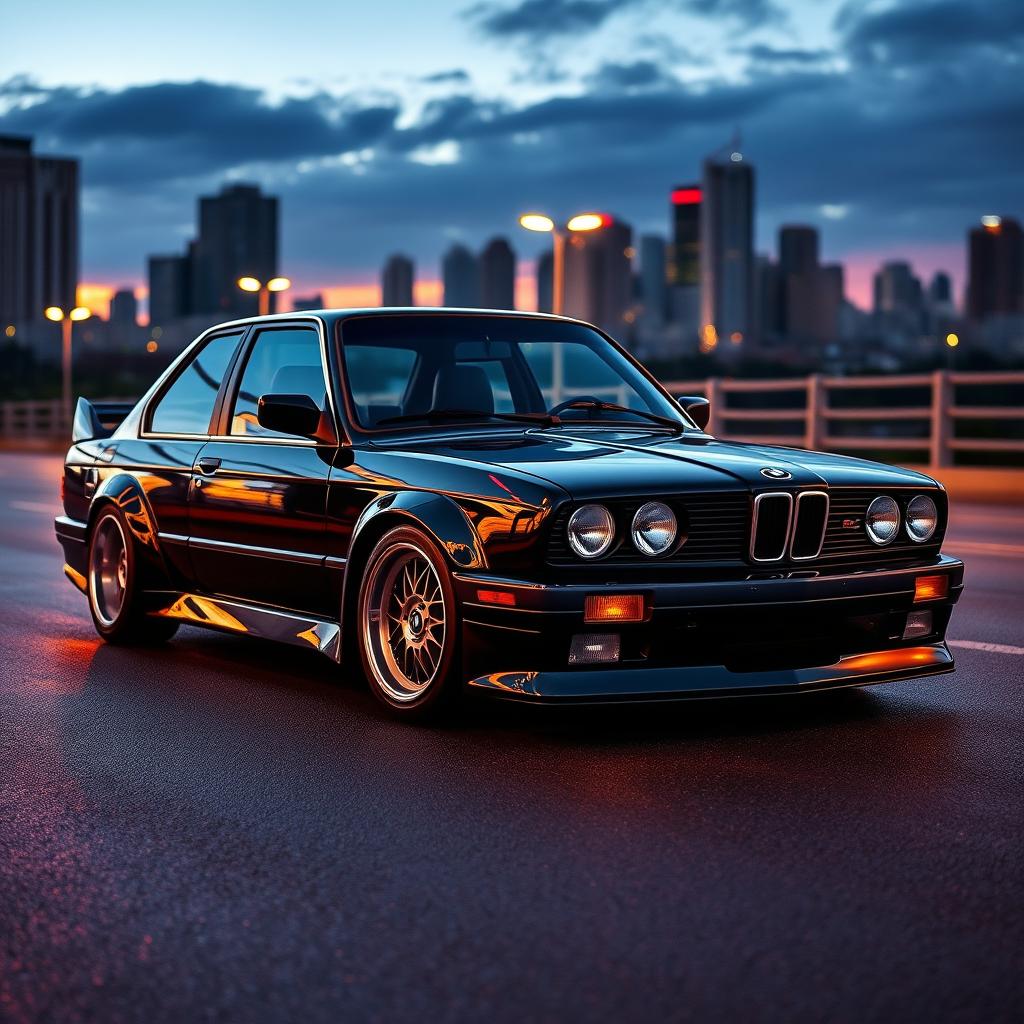 A BMW E30 modified with a BMW G30 body kit, showcasing a blend of classic and modern design elements