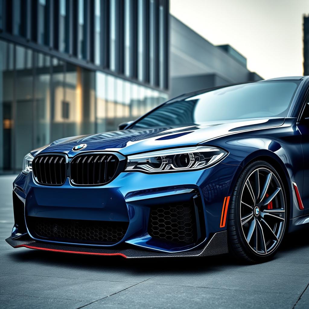 A BMW G30 elegantly modified with an Audi RS6 front bumper, presenting a bold and aggressive look