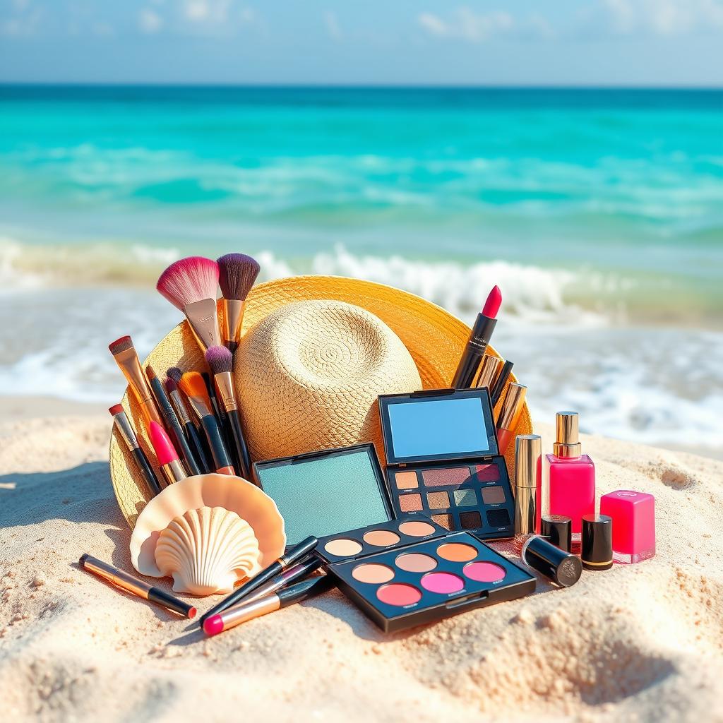A beautifully arranged makeup tool set standing elegantly on a sandy beach, with a stunning blue ocean and a bright clear sky in the background