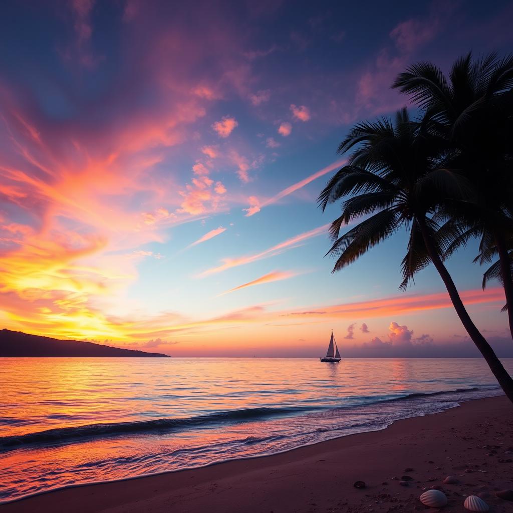 An artistic photo manipulation showcasing a vibrant sunset over a tranquil beach