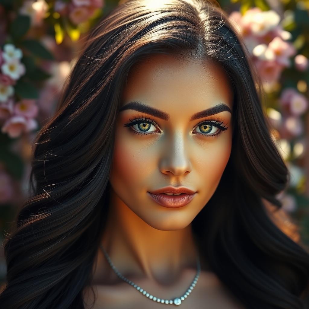 A stunning, close-up portrait of a beautiful woman with long, flowing black hair styled in elegant waves