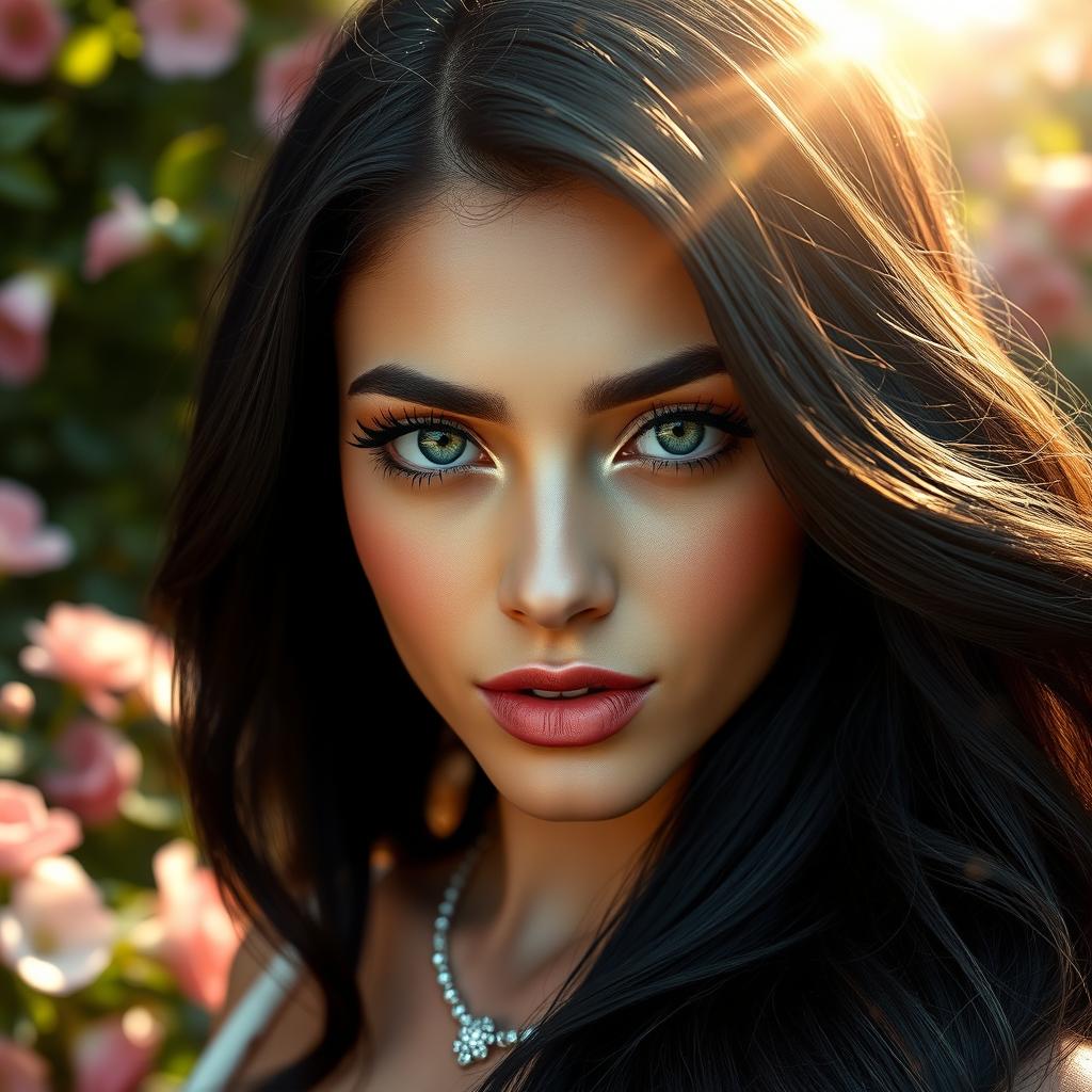 A stunning, close-up portrait of a beautiful woman with long, flowing black hair styled in elegant waves