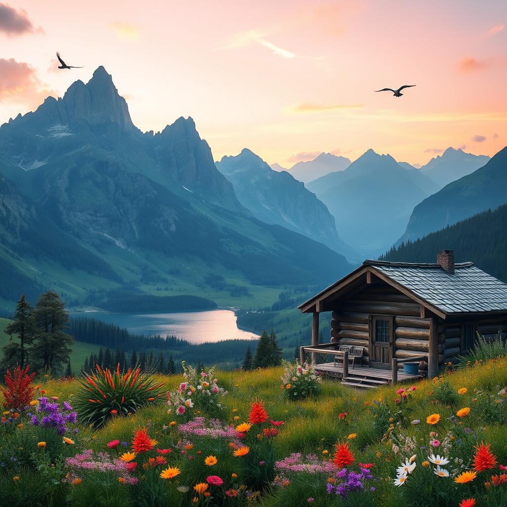 A serene mountain landscape at sunrise, with towering peaks, lush green valleys, and a shimmering lake reflecting the dawn colors