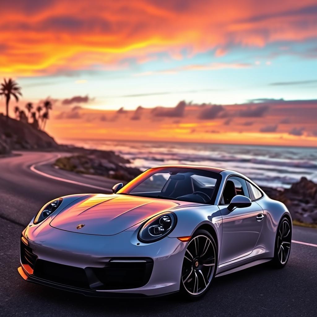 A sleek, modern Porsche sports car parked on a scenic coastal road, the sun setting in the background with vibrant hues of orange and purple illuminating the sky
