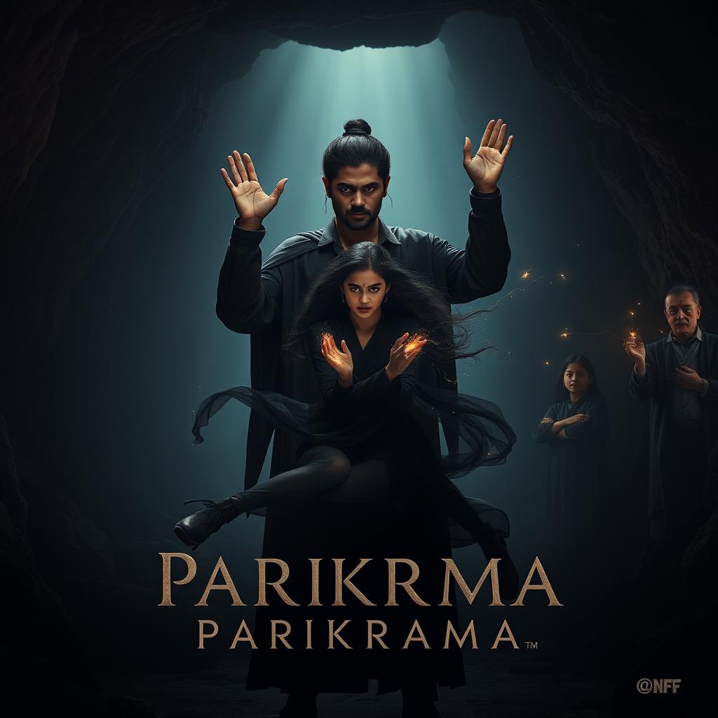 A modern dark fantasy film poster titled 'Parikrama', set inside a deep, shadowy cave glowing faintly with eerie magical light