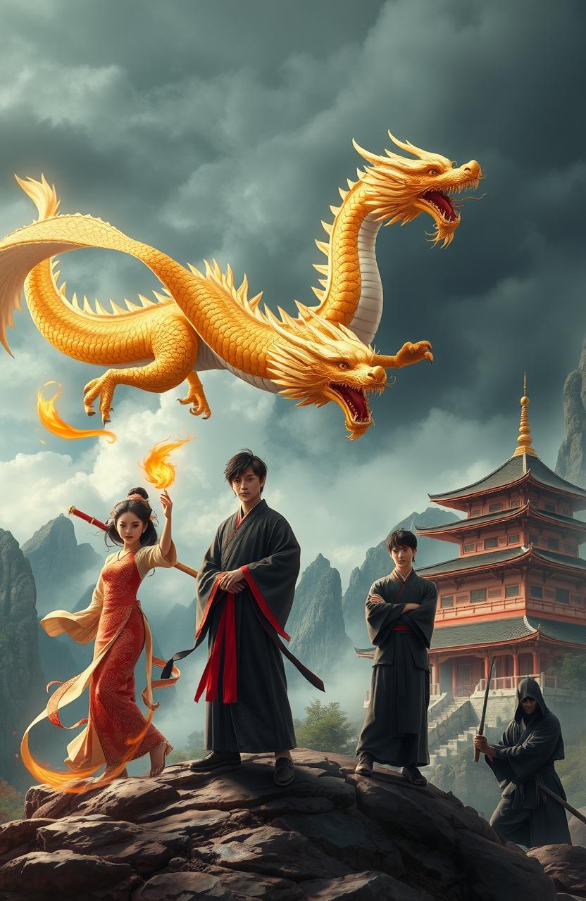 A majestic golden Chinese Dragon soaring through the sky, accompanied by a Chinese girl dressed in intricate traditional attire, wielding fire with confidence