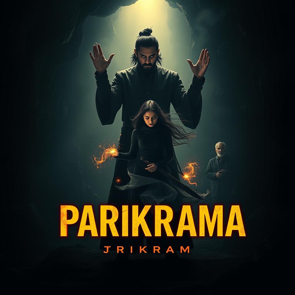 A modern dark fantasy film poster titled 'Parikrama', set inside a deep, shadowy cave glowing faintly with eerie magical light