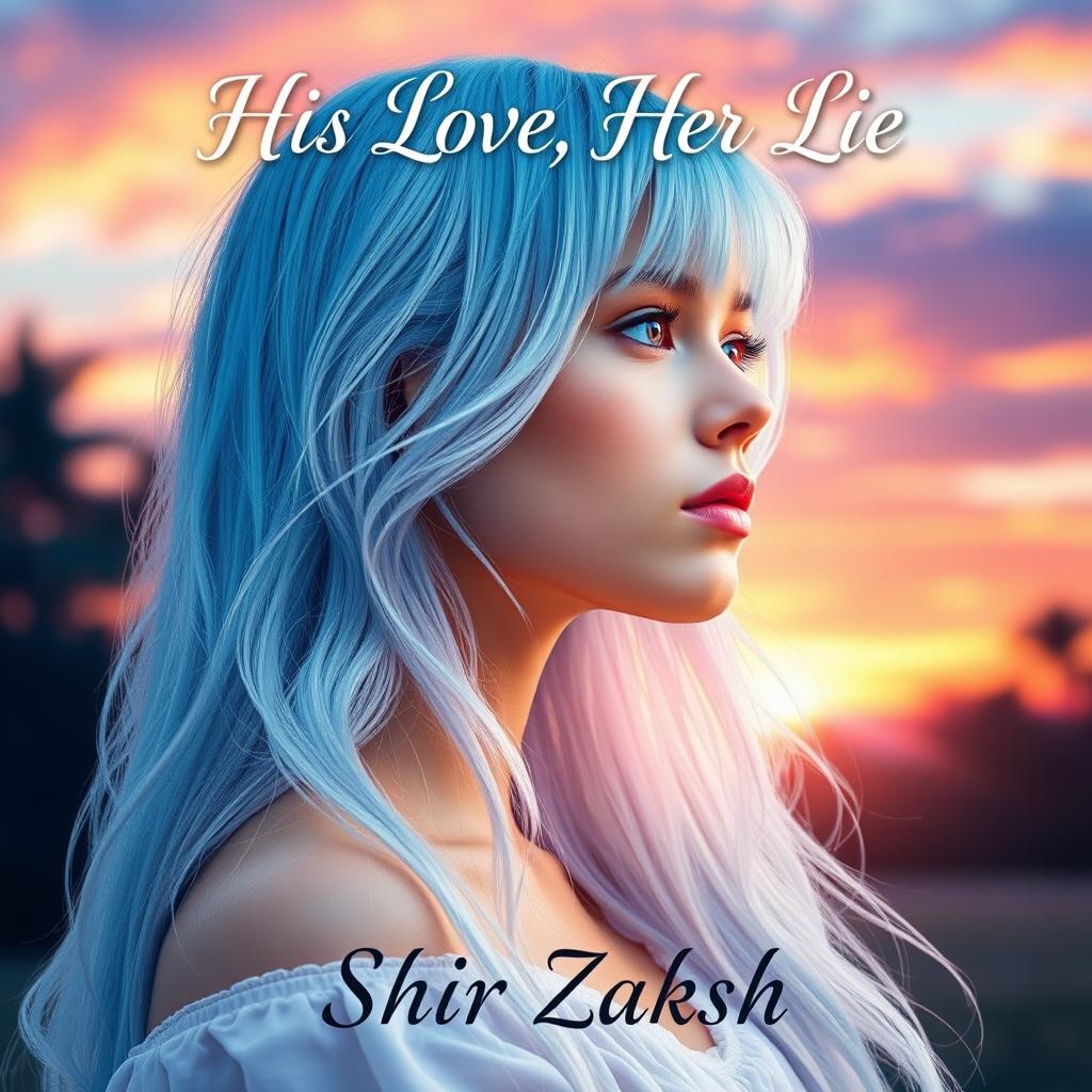 A romantic book cover titled 'His Love, Her Lie', featuring a light blue-haired girl gazing thoughtfully into the distance