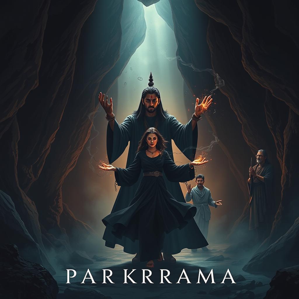A modern dark fantasy film poster titled 'Parikrama', set inside a deep, shadowy cave that glows faintly with eerie magical light