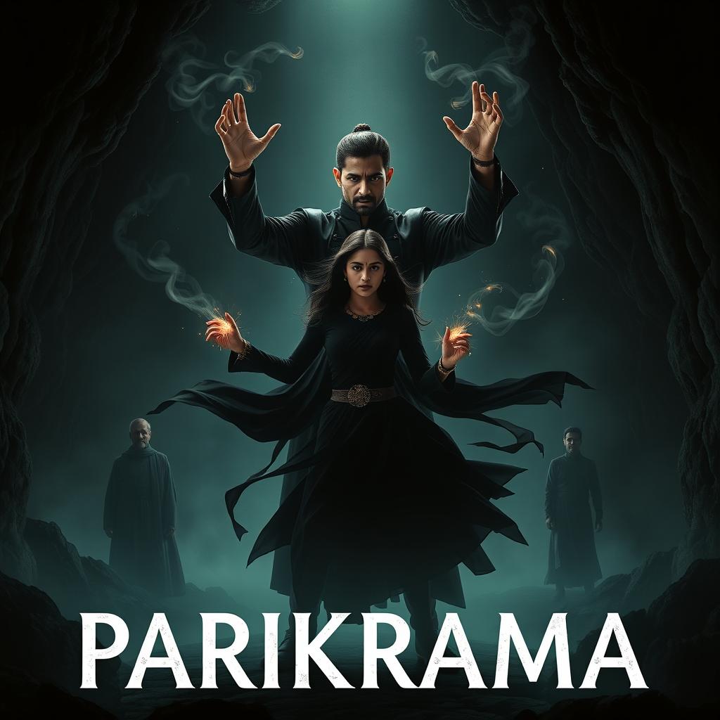 A modern dark fantasy film poster titled 'Parikrama', set inside a deep, shadowy cave that glows faintly with eerie magical light