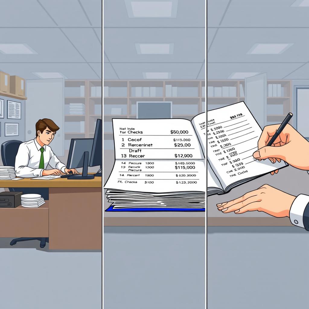 A professional illustration depicting a bank office scene where the functions of issuing, recording, and signing drafts and checks are visually separated