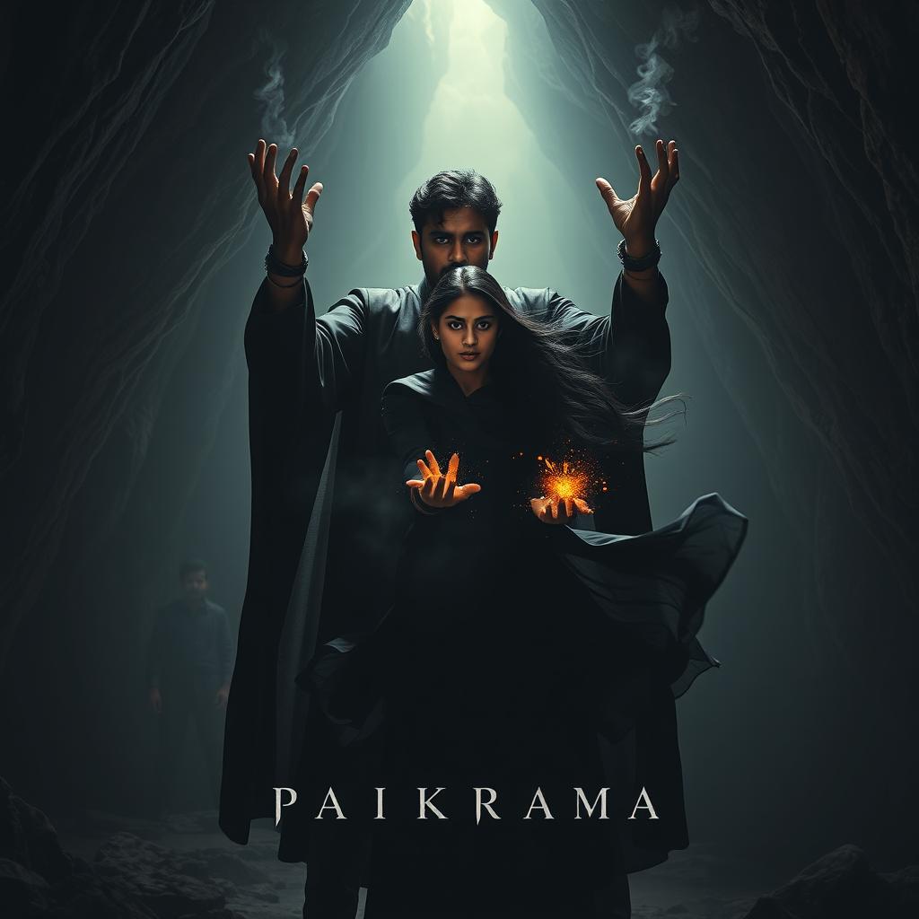 A modern dark fantasy film poster titled 'Parikrama', set inside a deep, shadowy cave illuminated by a faint, eerie magical light