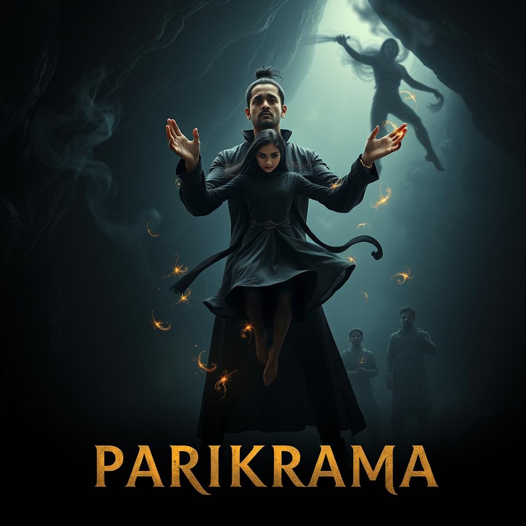 A modern dark fantasy film poster titled 'Parikrama', set inside a deep, shadowy cave that emits a faint, eerie magical light