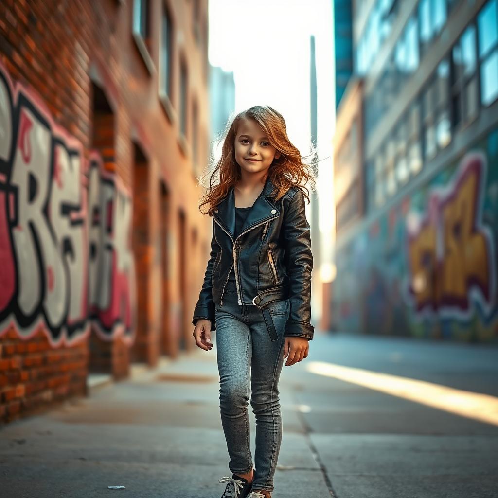 A stylish scene featuring a young girl dressed in a fashionable leather jacket with edgy details, standing confidently in an urban environment
