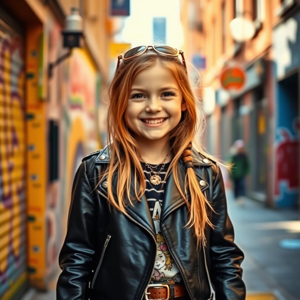 A young girl dressed in a stylish leather jacket, standing confidently in a vibrant city street backdrop