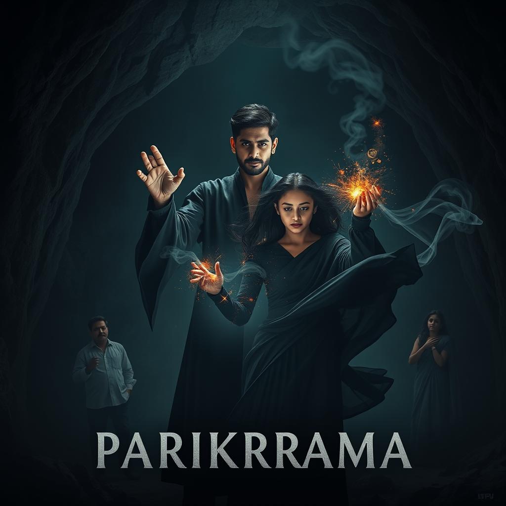 A modern dark fantasy film poster titled 'Parikrama', set within a deep, shadowy cave that glows faintly with eerie magical light