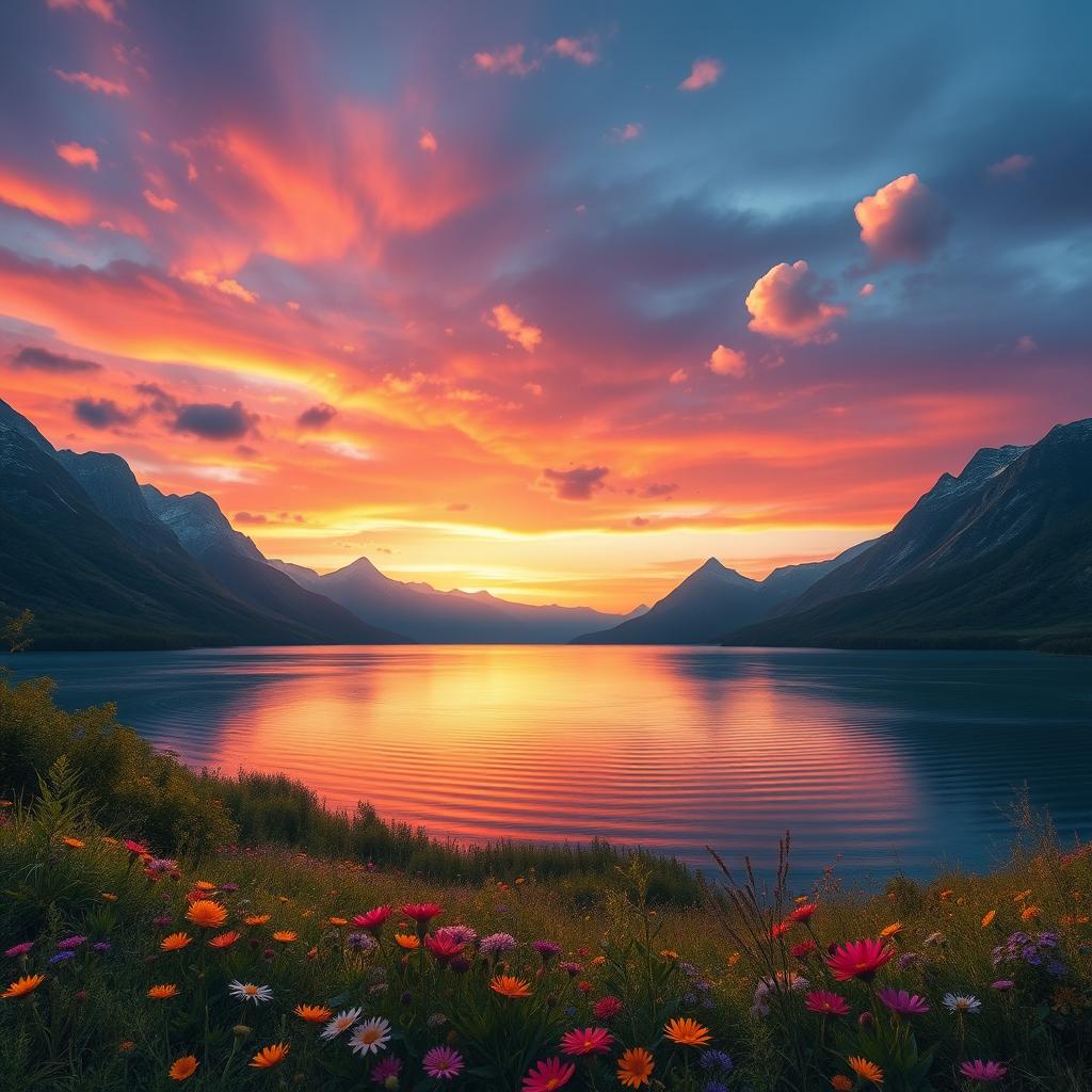 A beautiful fantasy landscape depicting a serene lake surrounded by majestic mountains, with a vibrant sunset filling the sky with hues of orange, pink, and purple